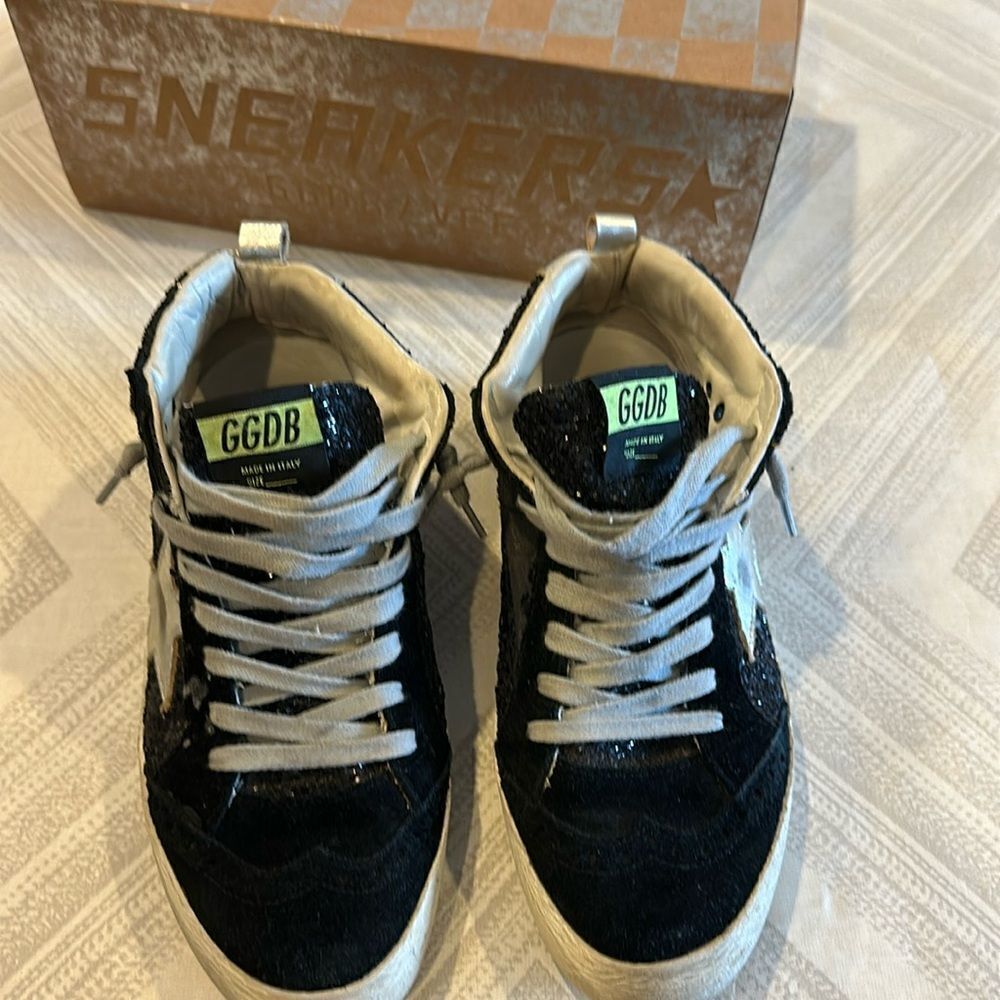 Golden Goose Mid Star Black Glitter and Silver Star Sneakers - Size 37